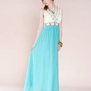 Flying Tomato Embroidered Empire Waist Tropical Beach Chiffon Maxi Dress S